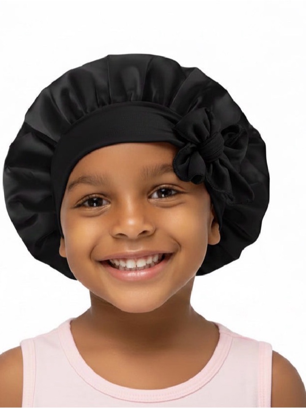 Kids Black Satin Bonnet with Side Bow Accent